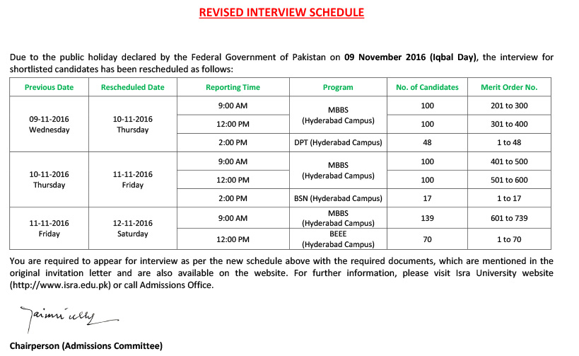 Revised Interview Schedule Official Website